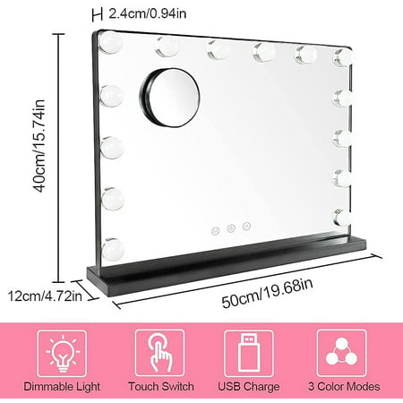 Depuley 20" Hollywood Vanity Mirror with Light, Makeup Lighted Mirror with USB Outlet for Charging Smart Touch Switch, 15 Dimmable LED Bulbs for Dressing Room Bedroom Tabletop, BlackBlack,