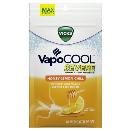 Vicks VapoCOOL SEVERE Medicated Lozenges, Honey Lemon Chill, 18 Drops ? Soothe Sore Throat Pain Caused by Cough