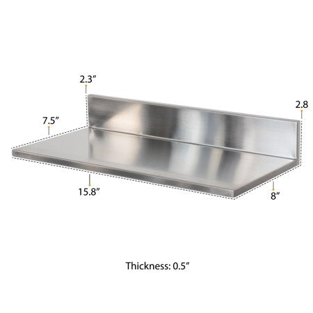 Wallniture Plat 15.8" Kitchen Wall Mounted Shelf Stainless Steel Commercial Restaurant Shelving Metal Floating Shelf, Silver, 15.8"