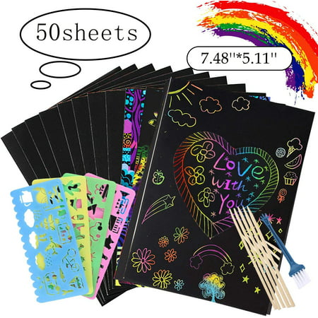 AMERTEER Scratch Paper Art Set for Kids,50 Pcs Rainbow Magic Scratch Off Arts and Crafts Supplies Kits Sheet Pack for Children Girls Boys Birthday Game Party Favor Christmas Craft Gifts