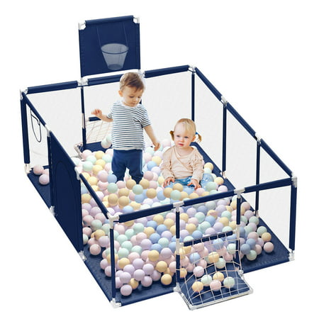 RongTrading 71Inch Extra Large Kid Baby Playpen Baby Playard With Basketball Hoop Mesh Infant Children Play Game Fence for Indoors Outdoors HomeBlue,