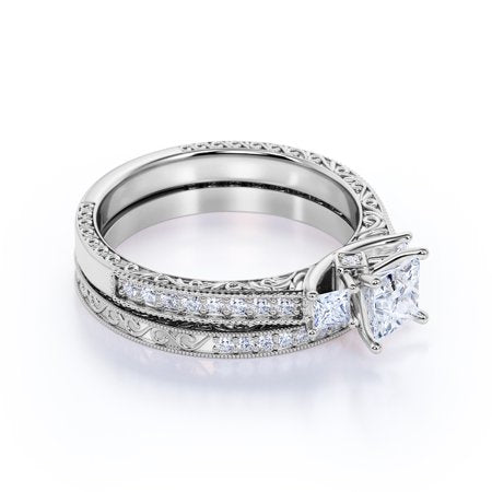 Princess Cut Diamond - Pave - Three Stone Ring - Victorian Style - Vintage Wedding Ring Set in 10K White Gold, 7