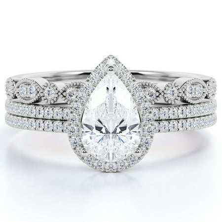 Affordable 1.50 Carat Pear cut Moissanite Antique Wedding Trio Ring Set in 18k White Gold Over Silver, 7
