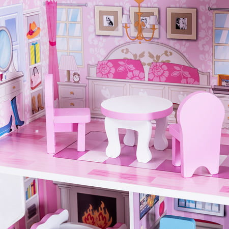 Gymax Young Girls Pink Dollhouse, 8 Pieces
