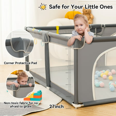 Baby Playpen,Extra Large Playard,Kids Activity Center with Anti-Slip Base,Sturdy Safety Play Yard,Kids Fence for Infants Toddlers(59x71inch/71x79inch/63x63inch), Gray, 79" x 79"