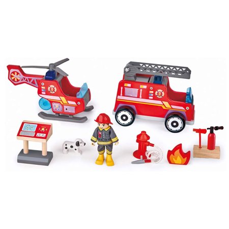 Hape Wooden Kid's Tri-Level City Fire Station Dollhouse Playset, Ages 3 and up