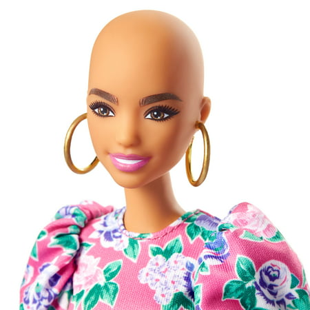 Barbie Fashionistas Doll #150 with No-Hair Look Wearing Pink Floral Dress