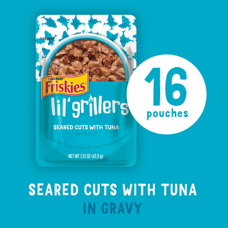 (16 Pack) Friskies Gravy Wet Cat Food Complement, Lil' Grillers Seared Cuts With Tuna, 1.55 oz. Pouches, Tuna