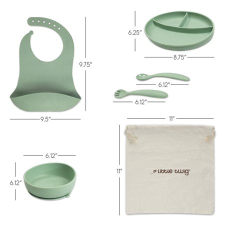 Little Twig 6-pc Silicone Feeding Set with Bib, Suction Plate, Suction Bowl, Spoon, Fork and Travel Bag, SageGreen,