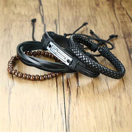 4Pcs Braided Pu Leather Bracelets Set for Men Cross Cuff Adjustable Black