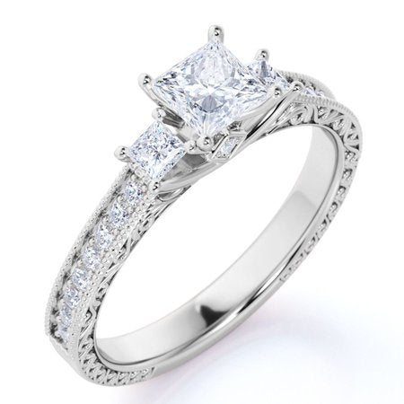 Classic 0.50 Carat Princess Cut Diamond - Vintage - Beaded - Three Stone - Victorian Engagement Ring in 10K White Gold