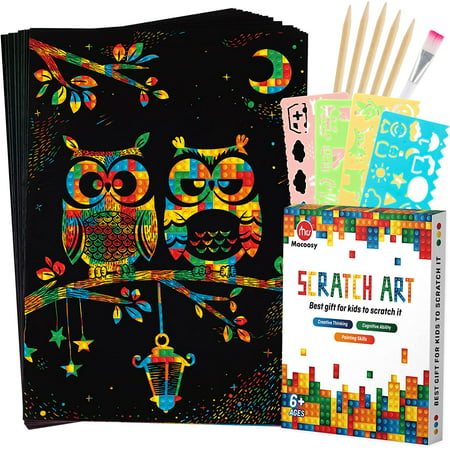 Mocoosy 60 Pcs Scratch Art Paper for Kids, Rainbow Magic Scratch Off Paper Sheets Set, Black Scratch Pads Arts and Crafts Kits for Party Games Activities Christmas Birthday Gift for Ages 3 - 12