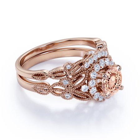 1.50 Carat Round Cut created morganite and Diamond Halo Bridal Ring Set in Solid 10K Rose Gold