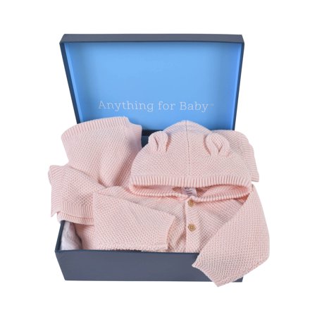 Gerber Baby Boy or Girl Unisex Ear Knit Hooded Sweater, Pant & Soft Blanket Outfit Set with Gift Box, 3-Piece, (Newborn-3/6 Months), Pink, Newborn