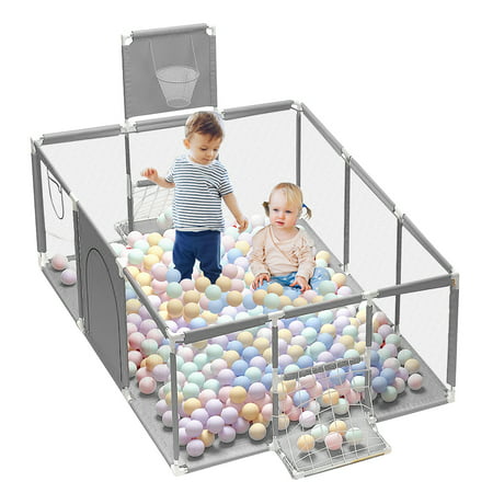 RongTrading 71Inch Extra Large Kid Baby Playpen Baby Playard With Basketball Hoop Mesh Infant Children Play Game Fence for Indoors Outdoors HomeGray,