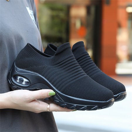 BUBUDENG Walking Shoes for Women Breathable Casual Sneakers Non-Slip Working Nurse Shoes Comfort Wedge Platform Shoes Lady, Black, 5.5