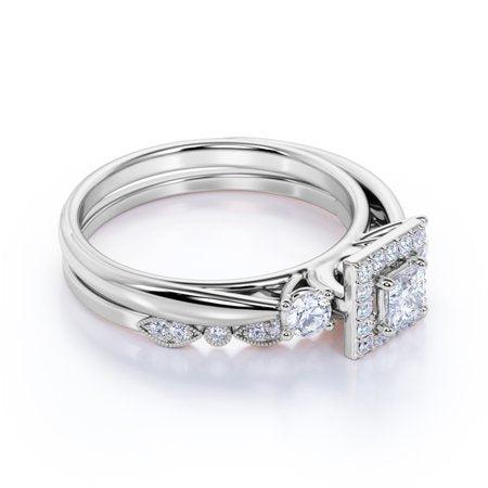 1.25 ct Princess Cut Moissanite - 3 Stone Art Deco - Halo Ring & Scalloped Band - Vintage Wedding Ring Set in 18K White Gold over Silver, 7