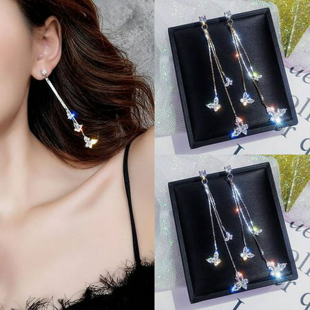 KABOER 1 Pair Shiny Butterfly Artificial Crystal Drop Earring Simple Butterfly Tassel Dangle Earrings For Women Jewelry GiftsSilver,