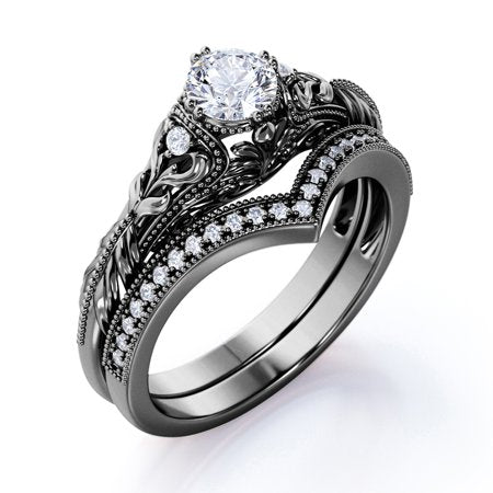 Engraved .68 Carat Round Cut Real Diamond Victorian-Inspired Wedding Ring Set with Chevron Wedding Band in 10k Black Gold