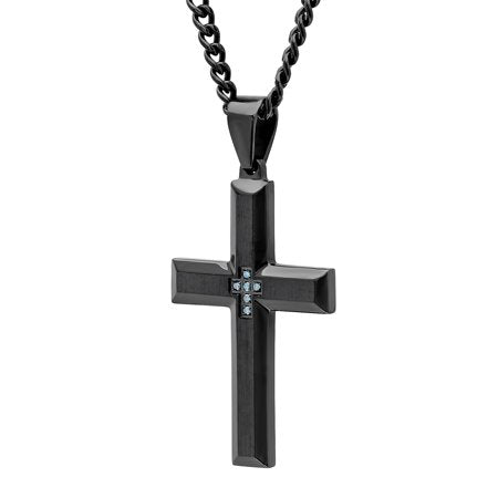 Men's Black Stainless Steel Blue Diamond Accent Cross Pendant NecklaceBlack,