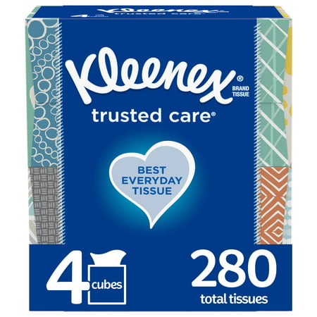 Kleenex Trusted Care Everyday Facial Tissues, 4 Cube Boxes (280 Total Tissues)
