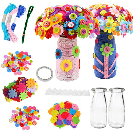 Amerteer 2 Pcs Flower Craft Kit for Kids Colorful Buttons and Felt Flower Kit Vase Arts Toy Craft Project for Girls and Boys Fun DIY Activity Gift for Children Ages 4 5 6 7 8 9 Years Old