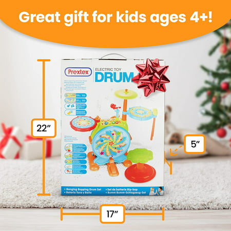 Prextex Kids Drum Set with Working Microphone, Lights, Adjustable Sound, Bass Drum, Pedal, Drum Sticks, and Little Chair for Babies Toddlers and Kids