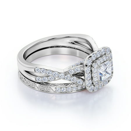 1.25 ct - Square Moissanite - Double Halo - Twisted Band - Vintage Inspired - Pave - Wedding Ring Set in 18K White Gold over SilverWhite,