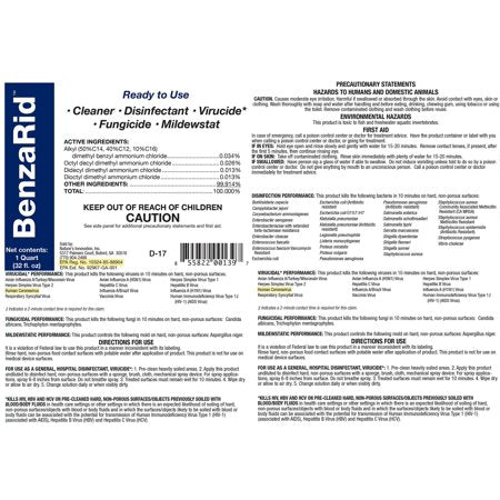 BenzaRid Professional Disinfectant 32oz | Hospital Grade Disinfectant, Virucide, Fungicide, Mold-Killer and Mildewstat. Recommended for Hard Surfaces, 32 oz bottle