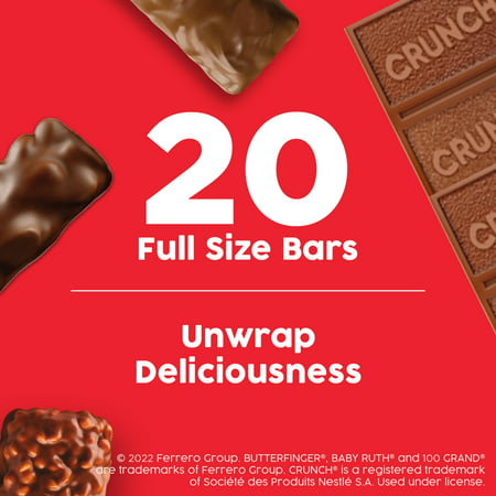 Butterfinger, CRUNCH, Baby Ruth and 100 Grand, Assorted Full Size Chocolate Candy Bars, Great Holiday Treats, 35 oz, Bulk 20 Pack