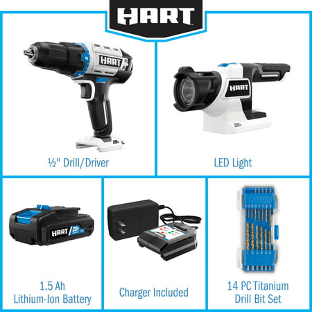 HART 20-Volt Cordless 1/2-inch Drill and LED Light Kit with 14-Piece Accessory Kit (1) 1.5Ah Lithium-Ion Battery