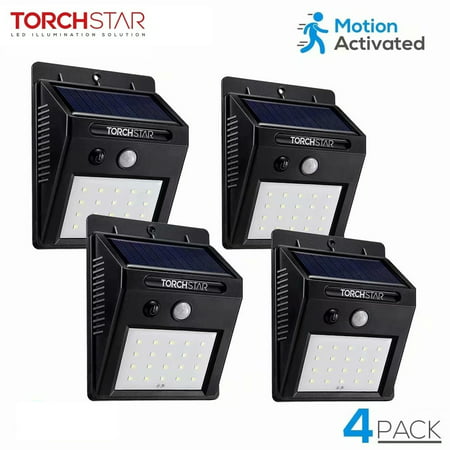 TorchStar Led Solar Motion Sensor Lights, Wireless Outdoor Wall Lights, Outdoor Security Wall Mount Light, Black, Pack of 4, Black