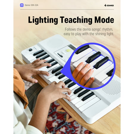 Donner 32 Key Electronic Keyboard Piano, Fun Gift for Birthday& Christmas for Beginners, Kids Instrument with LED Light Keyboard Teaching Mode, White, DEK-32AWhite,