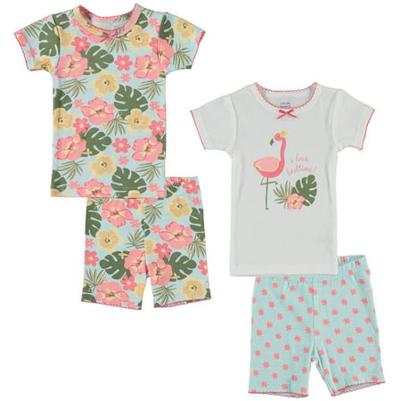 Cutie Pie Dreamers Baby Girl & Toddler Girl 4PC Tight Fit Cotton Sleep Set, Tropical, 12M