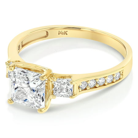 Ioka - 1.5 Ct. Cubic Zirconia CZ 3 Stone Princess Cut Engagement Ring Solid 14K Yellow Gold With Stones in Band - Size 6.5 - Size 6.5