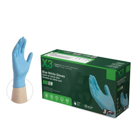 X3 Nitrile, Latex Free, Powder Free, Industrial Disposable Gloves, Small, Blue, 100/Box, S