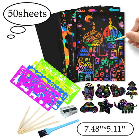 SHELLTON Scratch Paper Art Set for Kids-50Pcs Rainbow Magic Scratch Off Arts and Crafts Supplies Kits Sheet Pack for Children Girls Boys Birthday Game Party Favor Christmas Craft Gifts 7.48''*5.11''