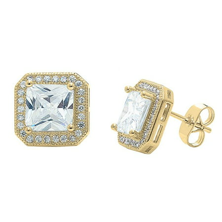 Cate & Chloe Norah 18k Yellow Gold Stud Earrings with Cubic Zirconia Crystals, Sparkling Princess Cut CZ Stud Earrings with Solitaire Round Cut Crystals, Wedding Anniversary JewelryYellow Gold,