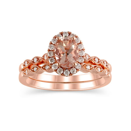 1/4 Carat T.W. (I2 clarity, H-I color) Brilliance Fine Jewelry Oval cut Morganite and Diamond Bridal set in 10kt Pink Gold, Size 8Pink,