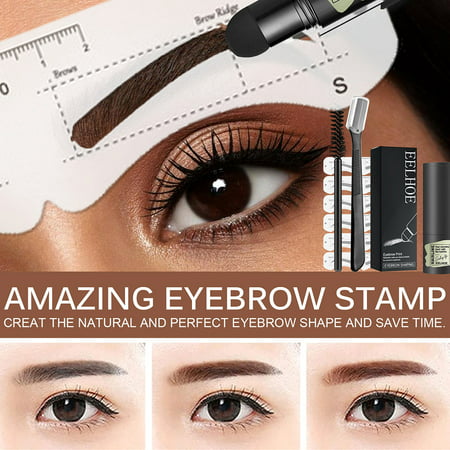 Willkey Eyebrow Stamp and Eyebrow Stencil Kit - 1 Step Eyebrow Stamp and Shaping Kit for Perfect Brow, 6 Eyebrow Stamp Stencils Kit, Long-lasting, Waterproof, Brown, dark brown-1set