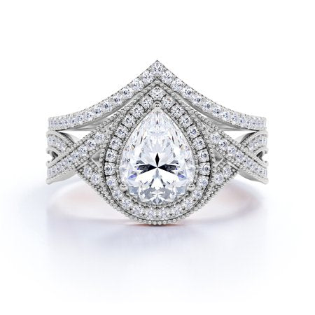 1.5 Carat Pear Cut Moissanite Wedding Set - Bridal Set - Art Deco Ring - Halo Ring - Cluster Ring - 18k White Gold Over SilverWhite,