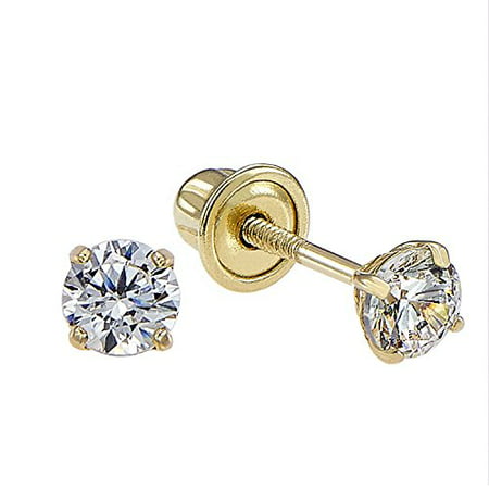 Tilo Jewelry 14k Yellow Gold Solitaire Round CZ Stud Post Earrings With Screw-Backs (3MM) - Women, Men, Unisex