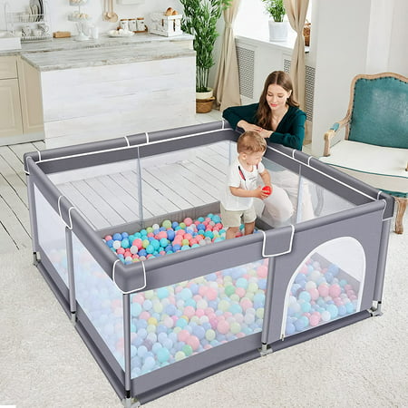 Baby Playpen, Large Safety Play Center Yards, Kids Play Pen Activity with Super Soft Mesh, Sturdy Fence Play Area for Toddlers, 36x36x27inch, Gray, 36" x 36" x 27"