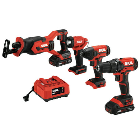 SKIL 20V Cordless 4-Tool Combo Kit with Two 2.0Ah Lithium-Ion Batteries and Charger, CB739601