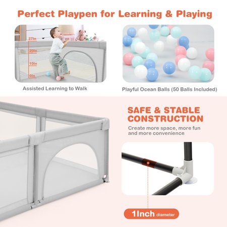 Costway Baby Playpen Infant Large Safety Play Center Yard w/ 50 Ocean Balls Grey, Gray