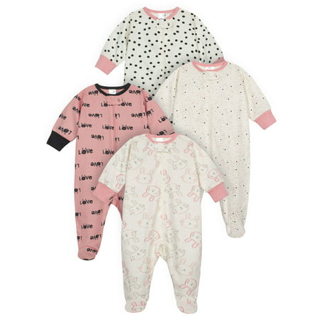 Onesies Brand Newborn Baby Girl Sleep 'N Play Footed Pajamas, 4-Pack, Bunny, 6-9 Months