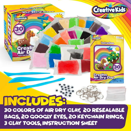 Creative Kids Air Dry Clay Modeling Crafts Kit For Children - Super Light Nontoxic - 30 Vibrant Colors & 3 Clay Tools - STEM Educational DIY Molding Set - Easy Instructions - Gift For Boys & Girls 3 +