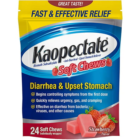Kaopectate Medicated Soft Chews for Diarrhea & Upset Stomach, Strawberry, 24 Ct