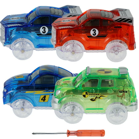 CIVG 4Pcs Kids Toy Car with 5 LED Light Glow in The Dark Racing Car Toy Battery Powered Light Up Car Model Toy Compatible with Most Tracks for Toddlers Aged 3 4 5 6 7 8Type: B- 2xblue green red,