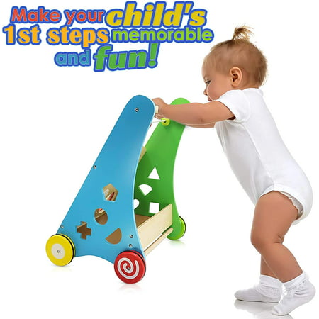 Pidoko Kids Wooden Baby Push Walker - Push and Pull Learning Walking for Boys and Girls - Multiple Activity Centre for Toddlers
